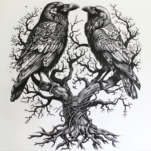 Detailed Nordic tattoo with Odin's ravens and Yggdrasil