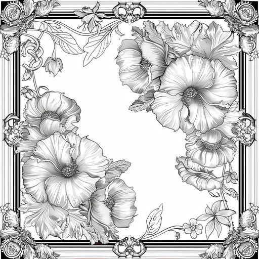 Vintage floral frame with delicate blooms and ornate borders. Coloring book page