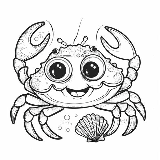 Whimsical cartoon crab with big eyes smiling holding seashell