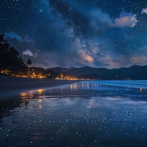 Palolem Beach, India at night with stars reflecting on water
