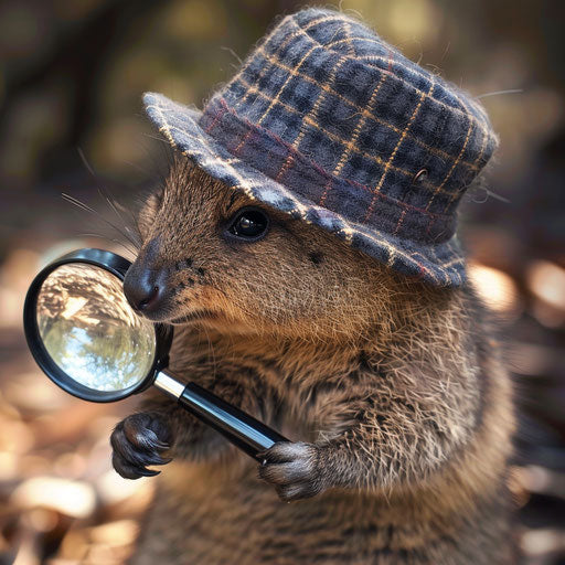 Quokka investigating with a magnifying glass and Sherlock Holmes hat
