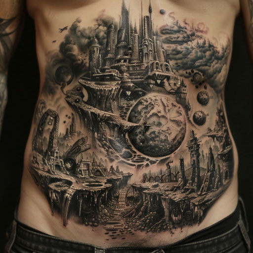 Sci-fi landscapes and futuristic themes in J.P. Targete's stomach tattoos style