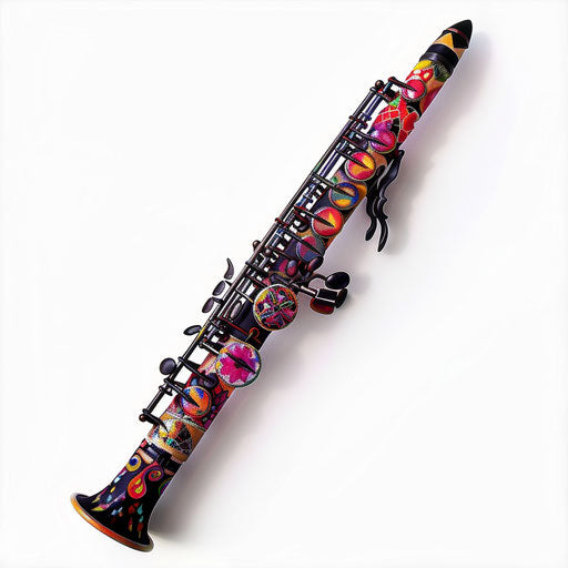 Photo realistic clarinet clipart on flat white background, vibrant hues and intricate patterns