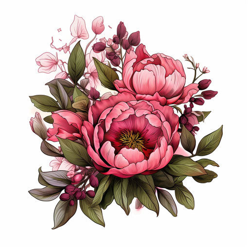 Biological illustration and hand drawn peony with leaves, ivy and leaves isolated izi zcim, in the style of strong linear elements, organic material