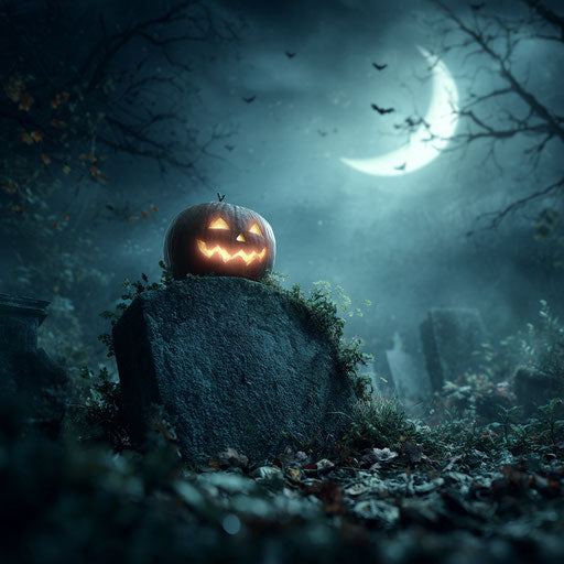 Eerie Halloween Scene with Pumpkin in Spooky Graveyard