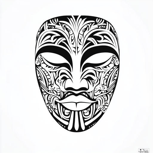 Flat tattoo sketch of a Maori face with bold chin