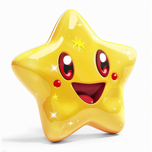 Yellow star with red eyes, smiling character on white background