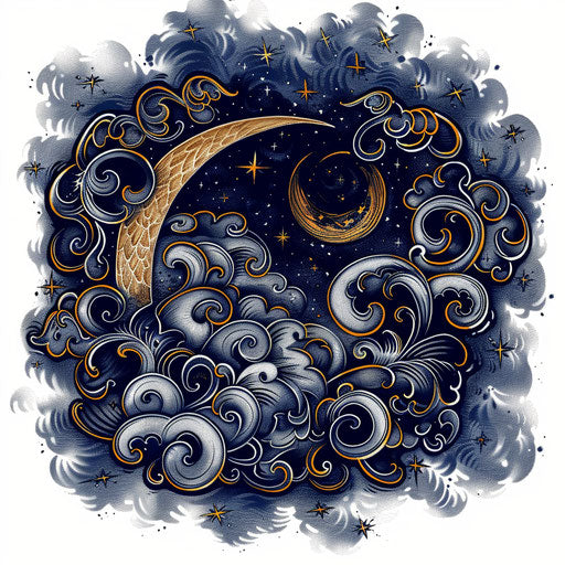 Half moon with swirling clouds and stars, clipart style