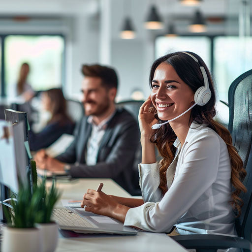 Busy sales team in modern office, making calls and closings