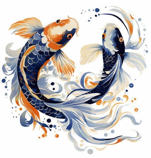 Two koi fish with detailed decorations, dark blue and light black style, flowing lines, white background, precisionist style, traditional poses, psychological symbolism
