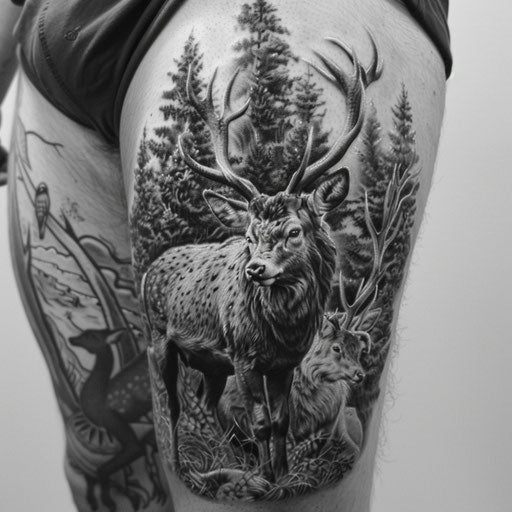 Realistic men's thigh tattoos with animals in black and gray