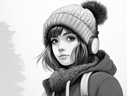 Anime girl in colorful winter beanie black-white style