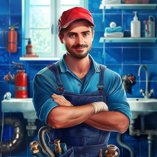 Plumber illustration in photo realistic style with a flat random background