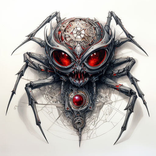 Illustration of a spider with red eyes, sterling silver style