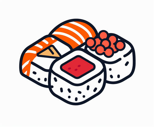 Sushi icon, vector illustration white background, simple design, bold color palette, closeup, red and orange sushi pieces left, top red and white sushi piece, red rice in between, mobile game icon