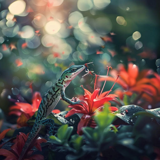 Anole lizard catching insects, in the style of Ashraful Arefin