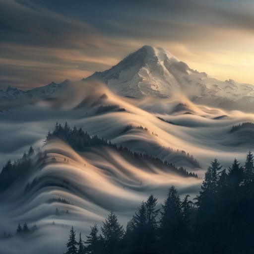 Mystical fog on slopes, ethereal landscape