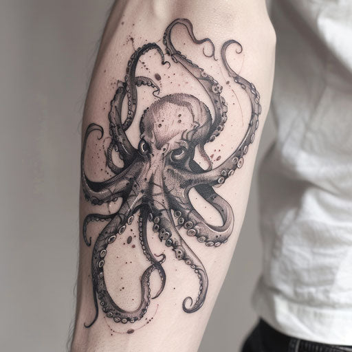 Horror-themed kraken tattoo, designed to evoke fear with eerie details, effectively presented on a white background