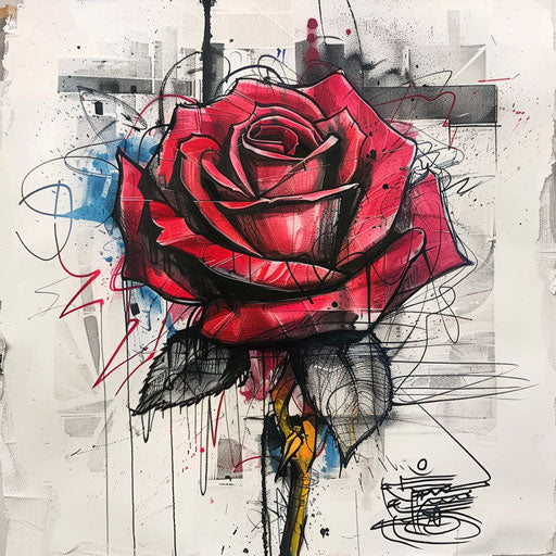 Sketch of street art-inspired tattoo of a red rose with graffiti style and bold lettering