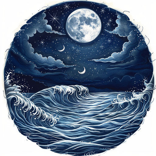 Artistic sketch of a celestial sea tattoo under the moon