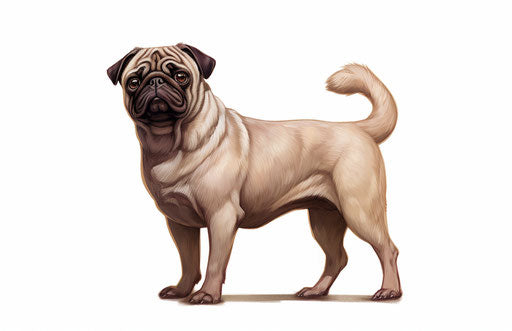 Small pug on white background, light maroon and light beige style