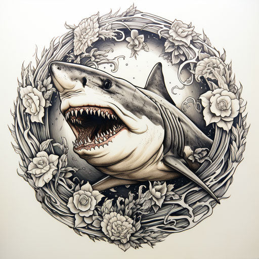 Black and white shark drawing for adults, classic tattoo style