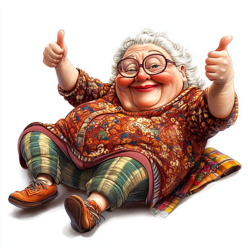 Humorous caricature of a grandma with chubby cheeks and short legs