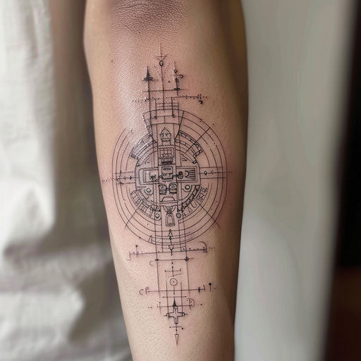 Subtle Mayan numeric system tattoo, fine lines and minimal colors on white surface