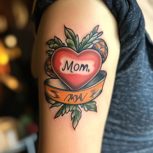 Mother tattoo with a heart wrapped in a banner reading 'Mom,' in the style of Ed Hardy