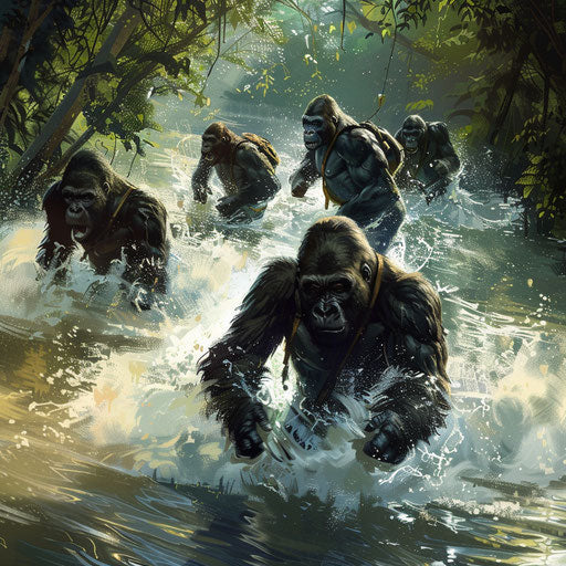 Gorillas crossing the river cautiously