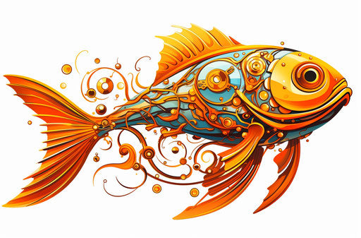 Orange koi fish with steampunk style, mesmerizing optical illusions