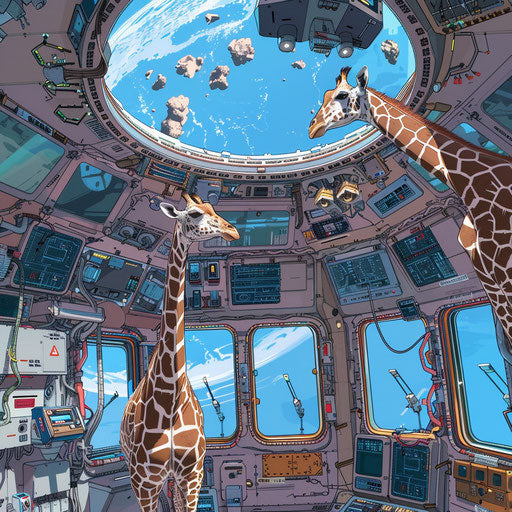Space station with giraffe astronauts conducting experiments