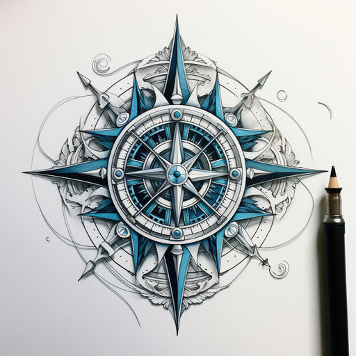 Black compass on white background, dark silver and dark aquamarine style