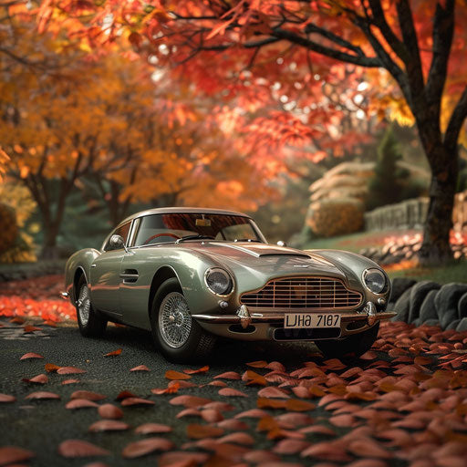 Vintage Aston Martin DB7 Zagato in a classic car rally, surrounded by autumn foliage