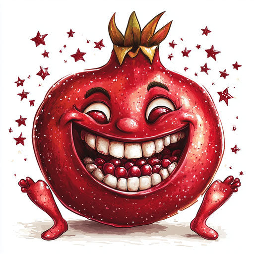 Humorous caricature of a pomegranate with human characteristics