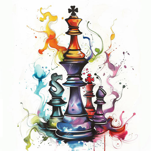 Whimsical flat tattoo sketch of animated chess pieces dancing, colorful