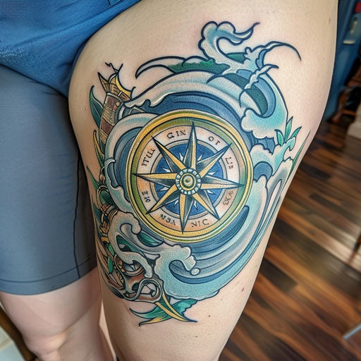 Maritime compass tattoo with blue waves on white background