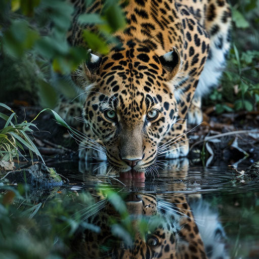 The vibrant life of the forest captured with an Amur leopard drinking from a crystal-clear stream