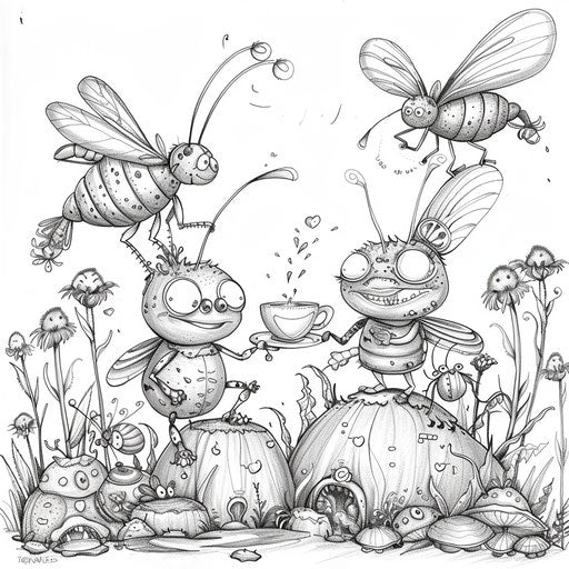 Whimsical scene: bugs having a tea party with tiny teacups