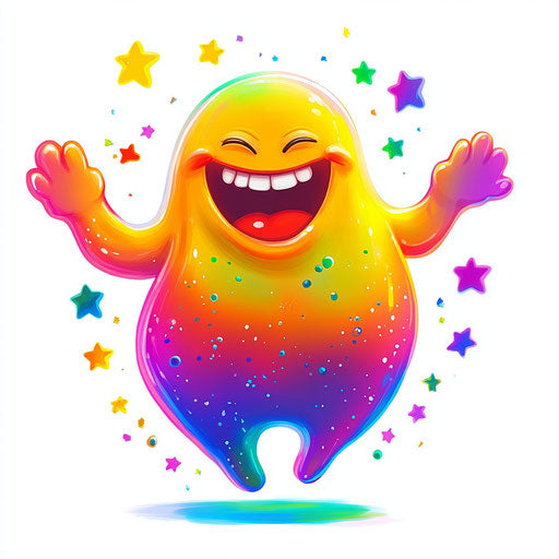 Humorous caricature of a gum clipart with human characteristics, exaggerated chubby cheeks, long arms, surrounded by stars, vibrant colors, cartoon style, winking, high resolution, no background, isolated -c 40
