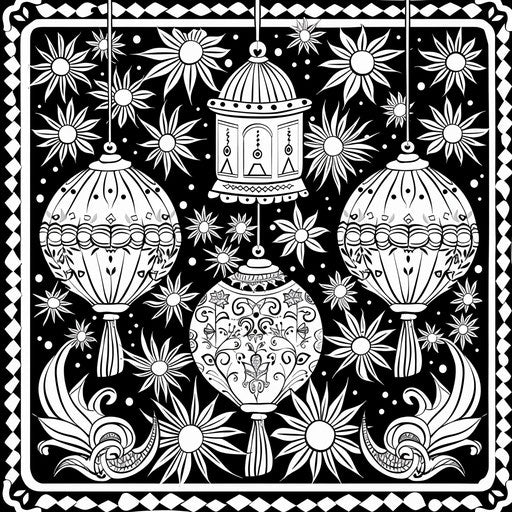 Intricate patterns of Diwali lanterns and fireworks in the night sky. Coloring book page