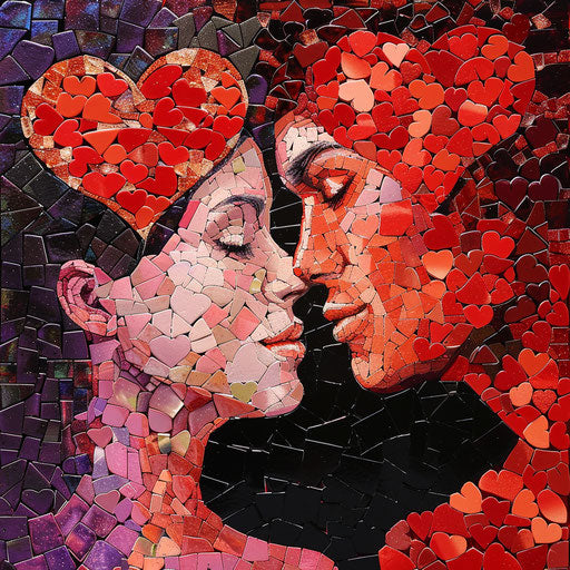 Stylized portrait of a couple with red and pink hearts