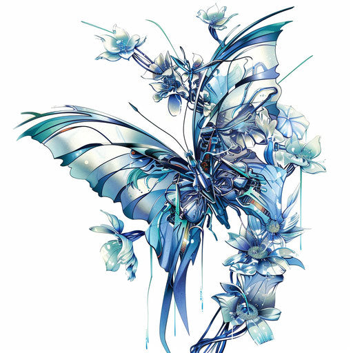 Biomechanical butterfly merging with futuristic flowers, unique tattoo design