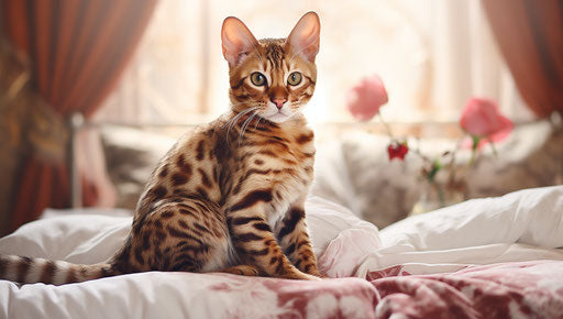 Bengal cat sitting on a bed, in the style of light maroon and light gold