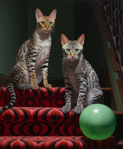 Two Bengal cats on carpet step, light silver and dark maroon