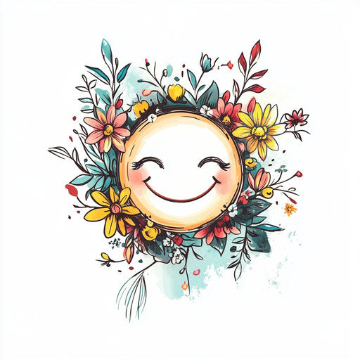 Flat cheerful tattoo with floral wreath on white background