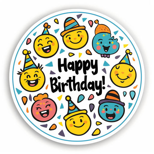 Circular sticker with smiley faces in party hats, white background