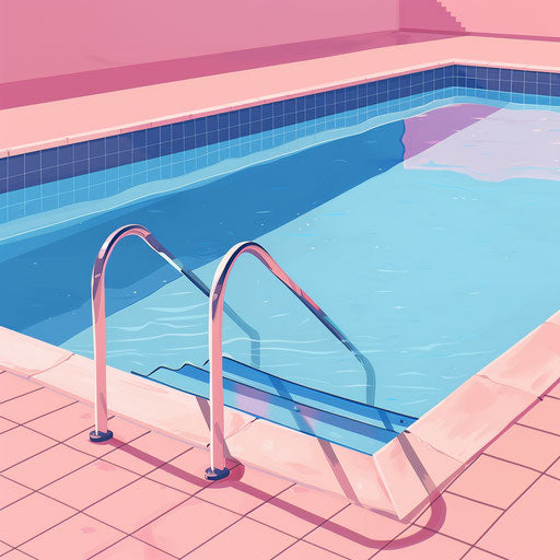 Swimming pool clipart in photo realistic style with a flat random background, minimalist design and subtle shading