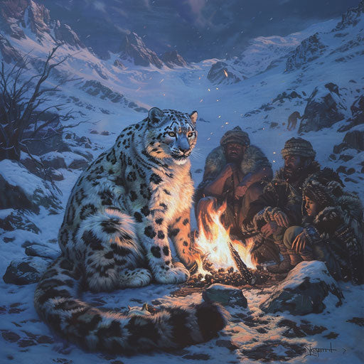 Snow Leopard by Campfire with Nomadic Travelers