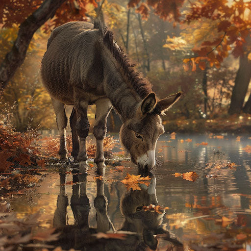 Donkey drinking from a tranquil pond with autumn leaves